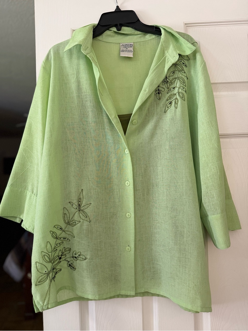 Allison Daley Light Green Embroidered Button-Down Shirt